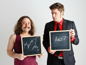 two comedians with blackboards of comedy cock and question art