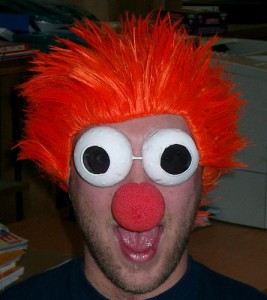 stag with orange wig in fancy dress